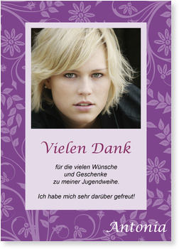 Danksagung, Jugendweihe, lila, Blumen