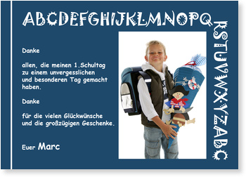 Dankeskarte, Einschulung, ABC, blau