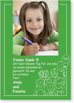 einschulung, dankeskarte, gr�n, abc-m�nnchen 