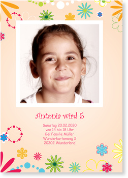 Kindergeburtstag, M�dchen, Blumen, floral, apricot, Einladung