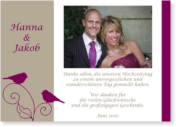 Danksagung, V�gel, beige, Hochzeit, purpur